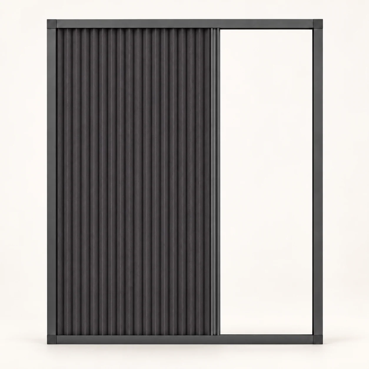 Partially open black framed blind