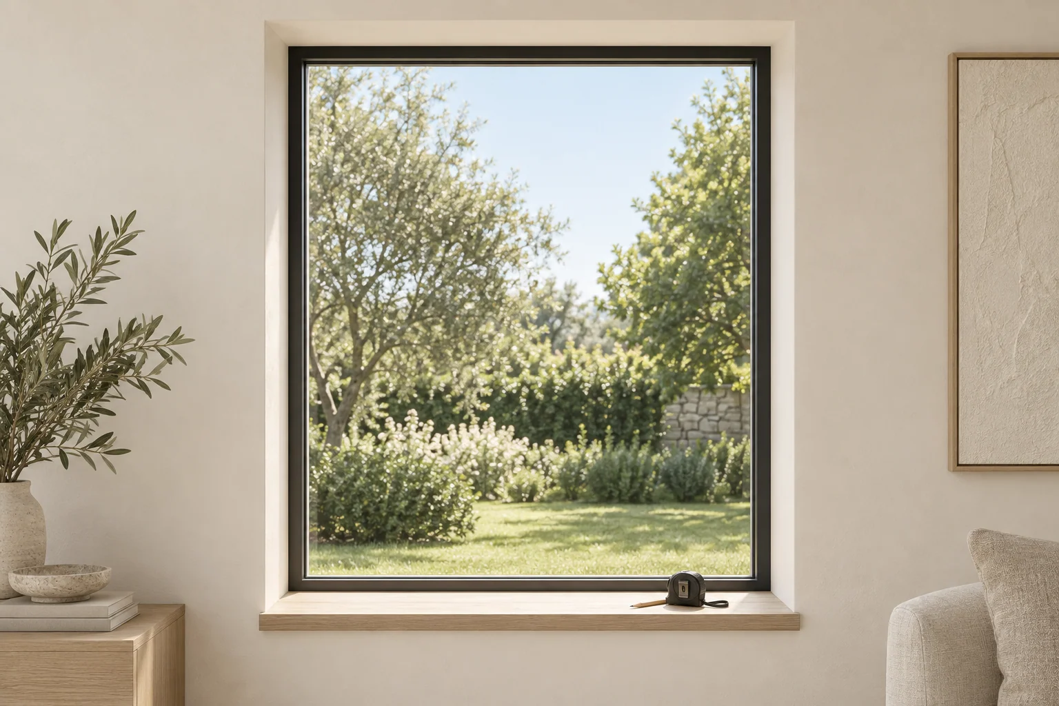 An empty window recess with tape measure ready for measuring