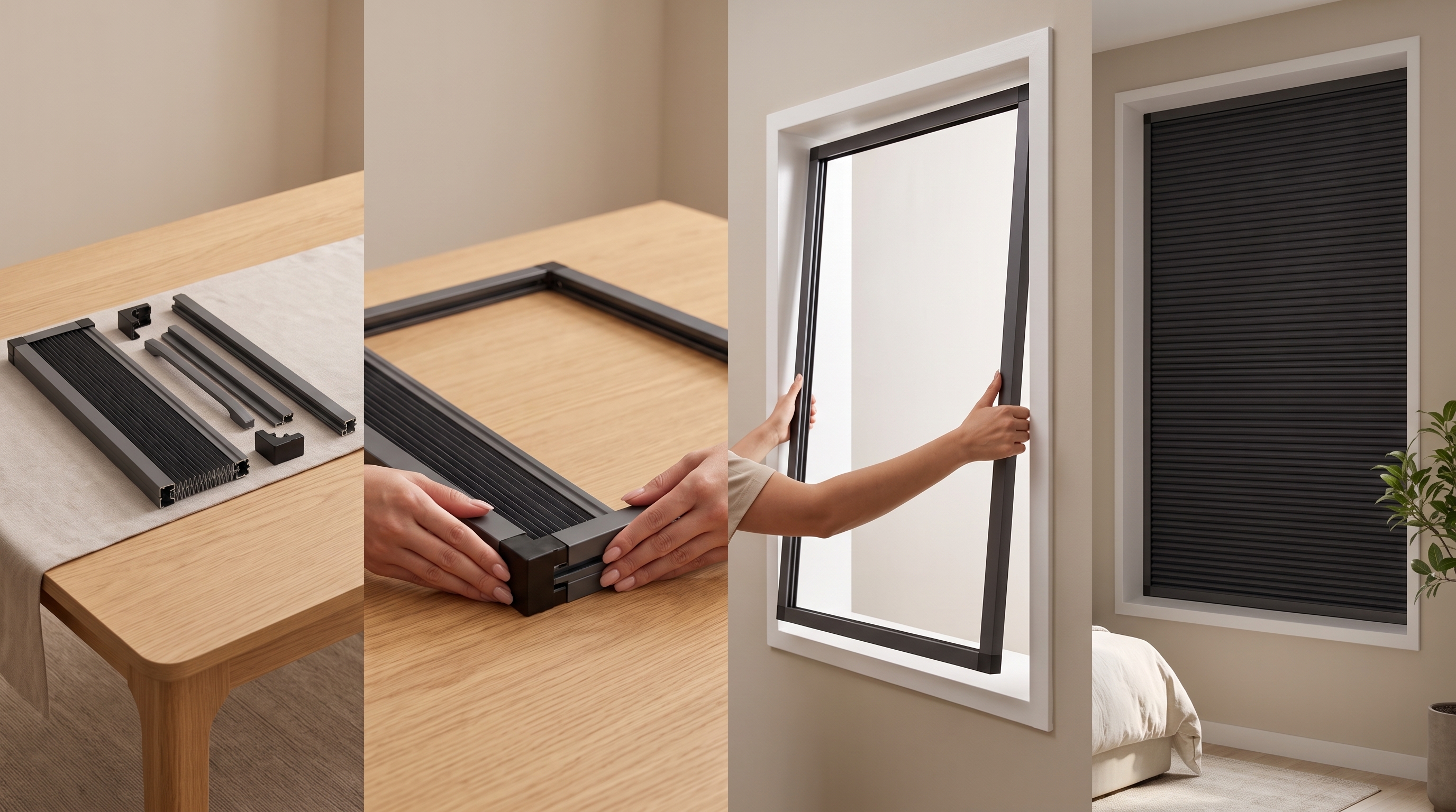 Hands installing a no-drill blackout blind